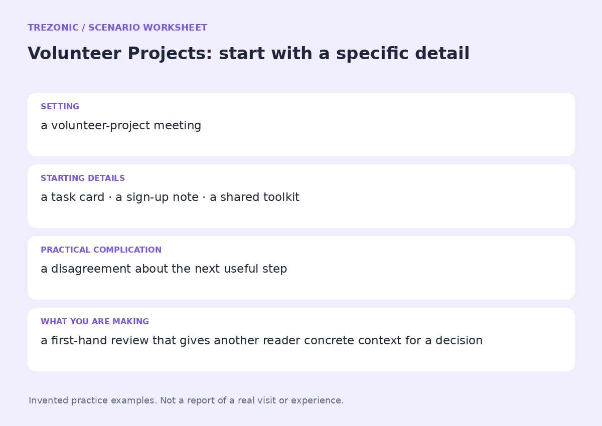 Practice worksheet for Volunteer Projects: setting, starting details, complication and goal