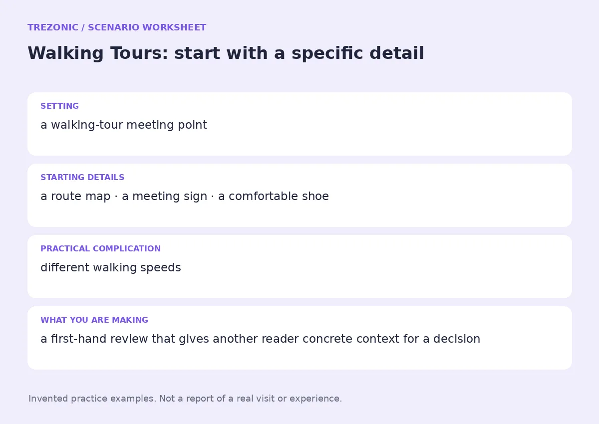 Practice worksheet for Walking Tours: setting, starting details, complication and goal