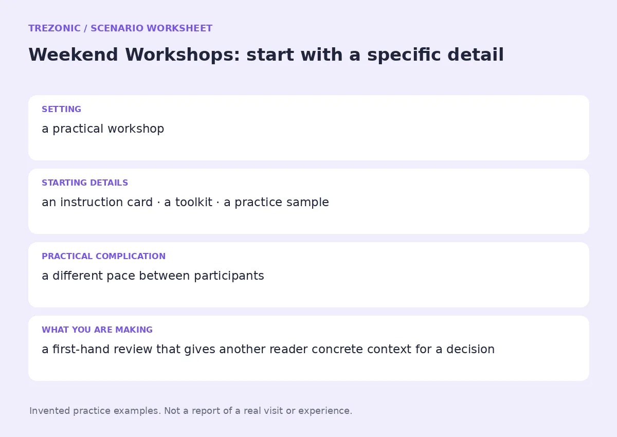 Practice worksheet for Weekend Workshops: setting, starting details, complication and goal