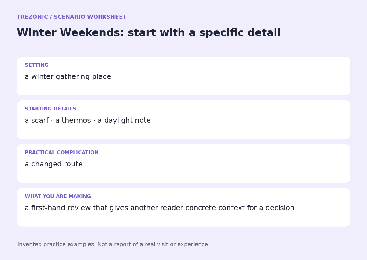 Practice worksheet for Winter Weekends: setting, starting details, complication and goal