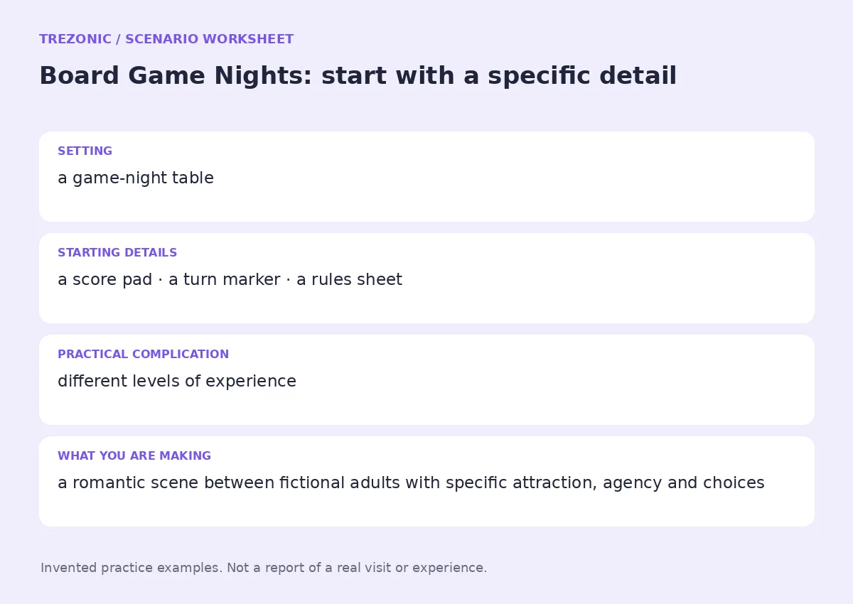 Practice worksheet for Board Game Nights: setting, starting details, complication and goal