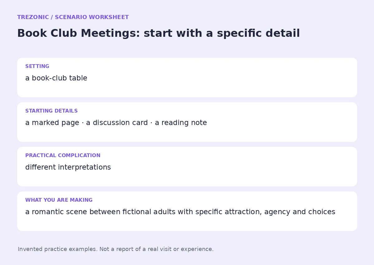 Practice worksheet for Book Club Meetings: setting, starting details, complication and goal