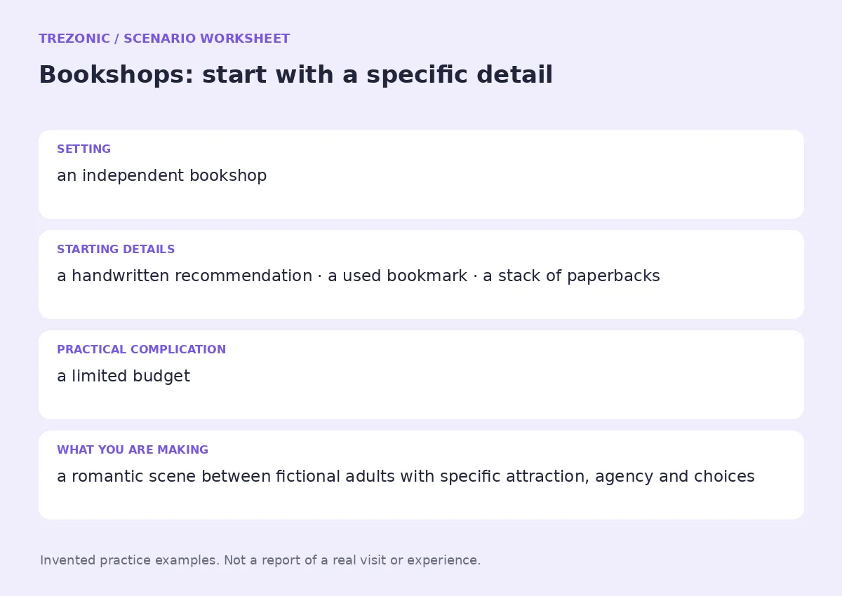 Practice worksheet for Bookshops: setting, starting details, complication and goal