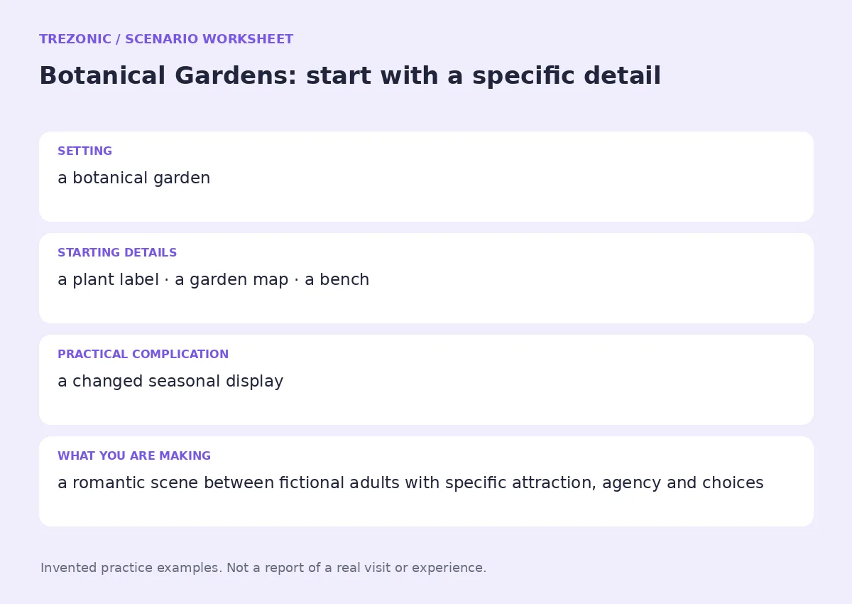 Practice worksheet for Botanical Gardens: setting, starting details, complication and goal