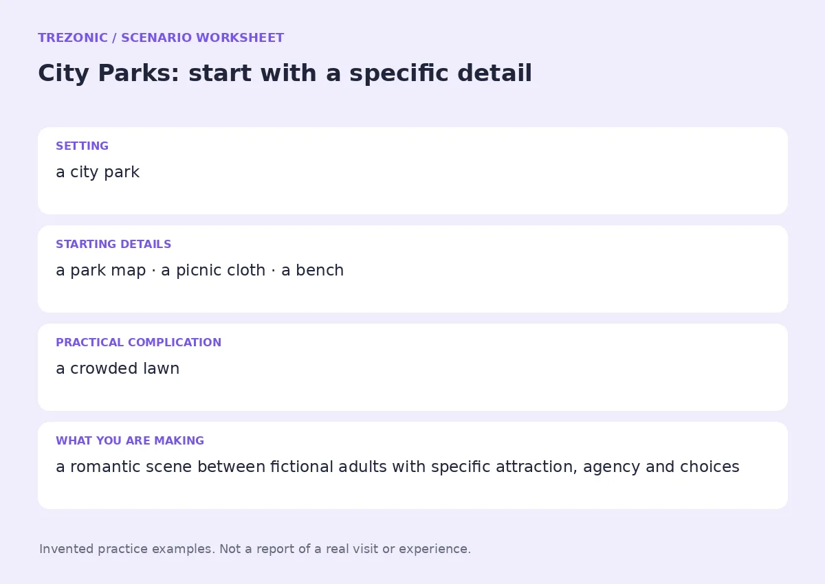 Practice worksheet for City Parks: setting, starting details, complication and goal