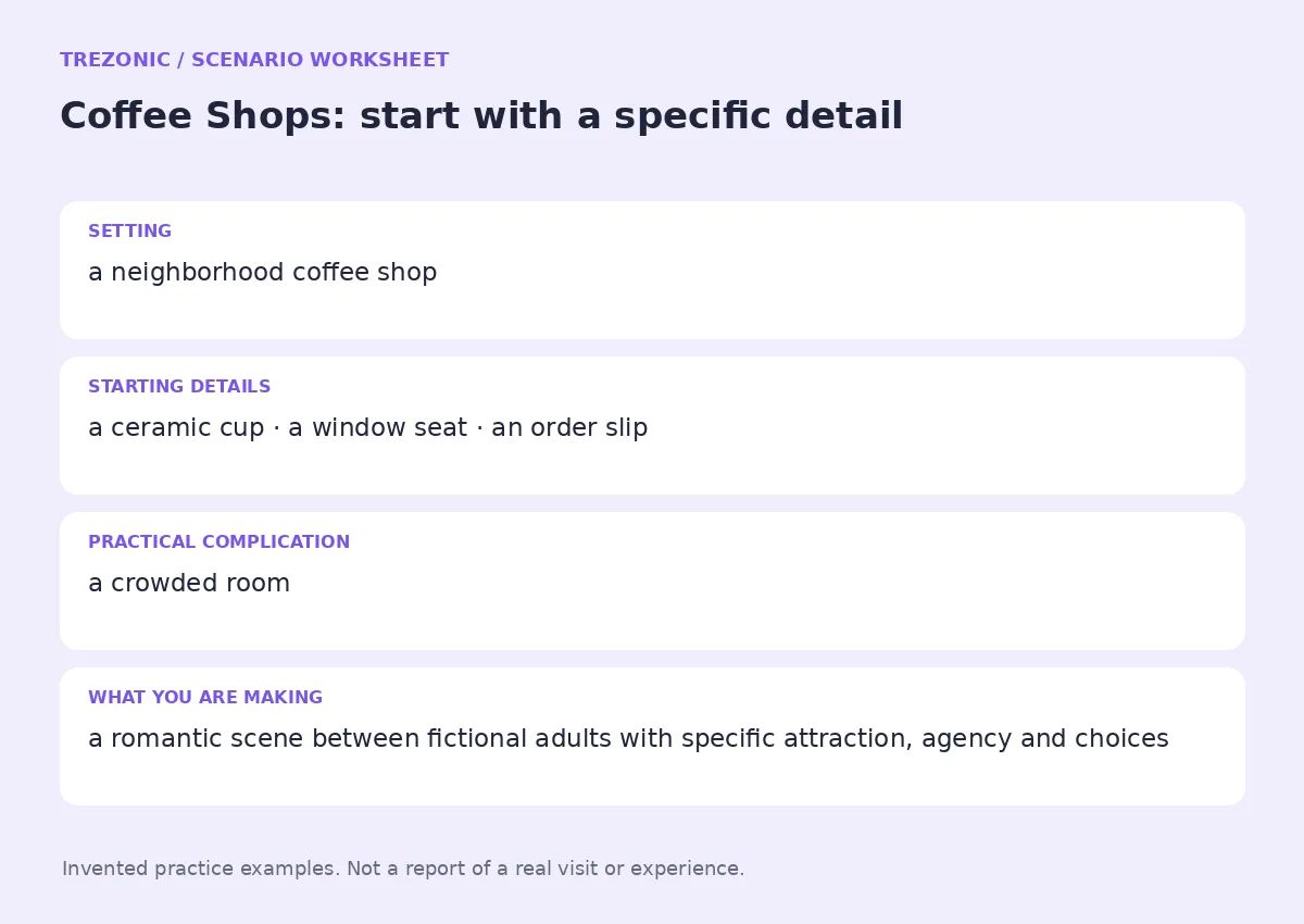 Practice worksheet for Coffee Shops: setting, starting details, complication and goal