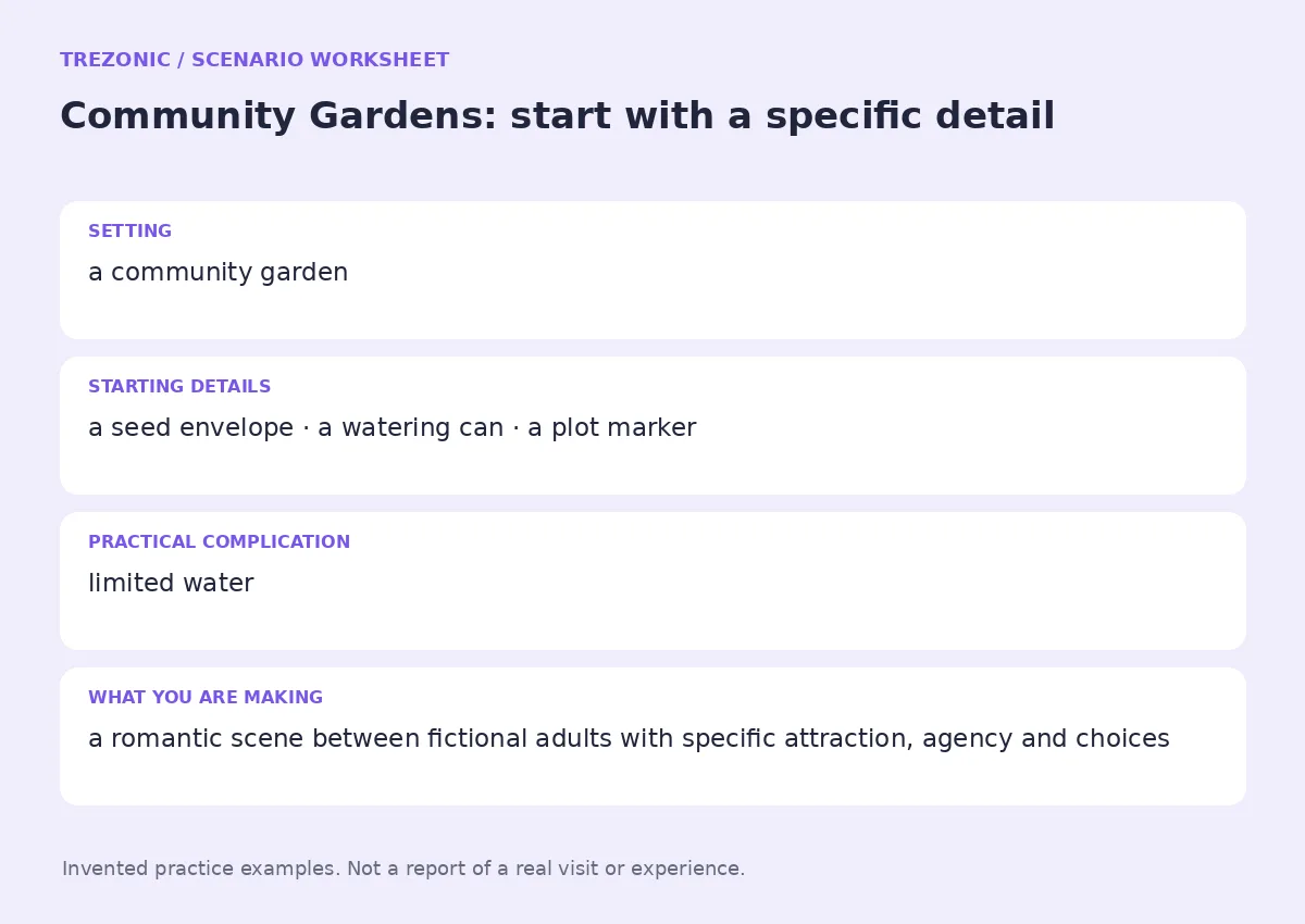 Practice worksheet for Community Gardens: setting, starting details, complication and goal