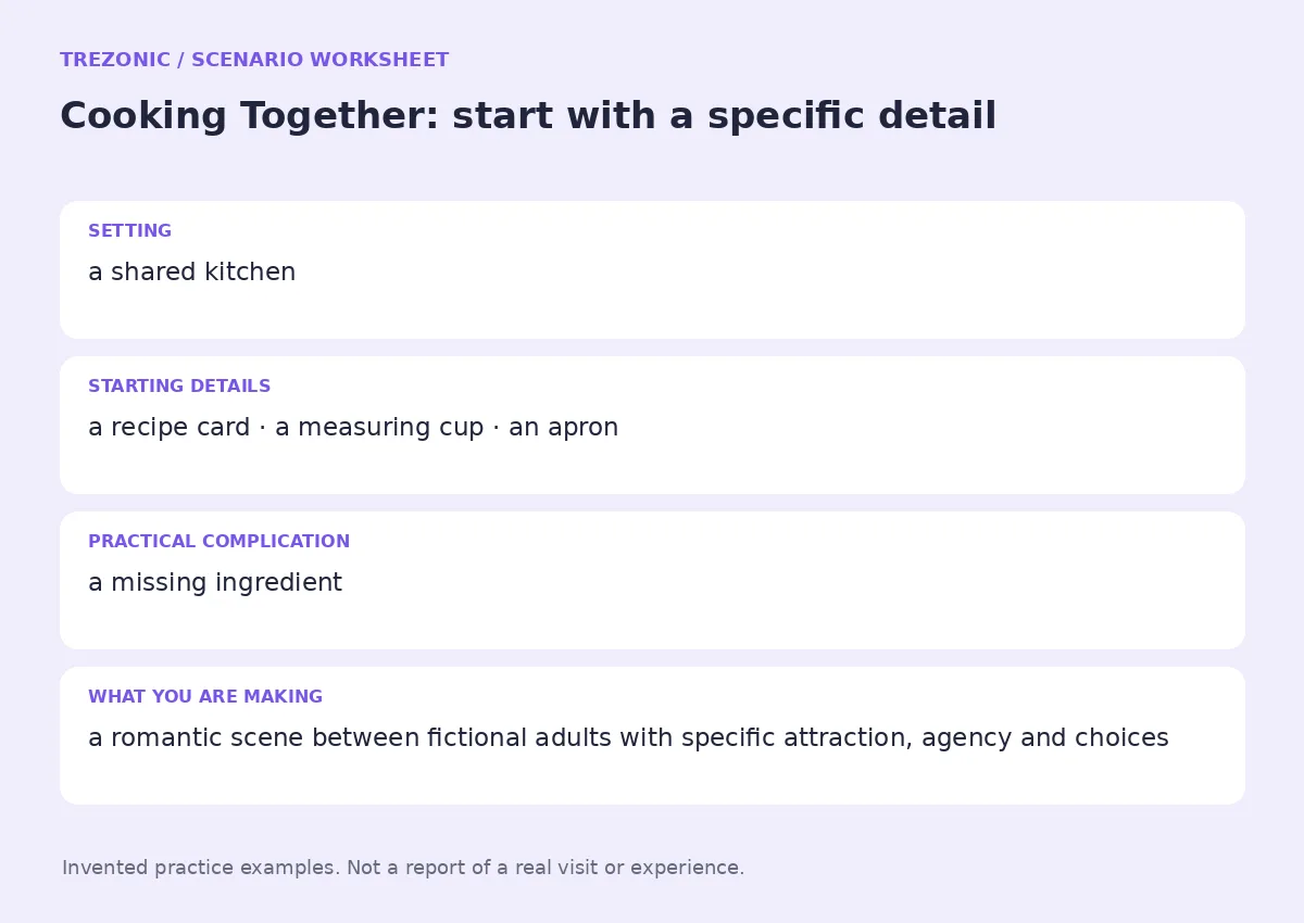 Practice worksheet for Cooking Together: setting, starting details, complication and goal