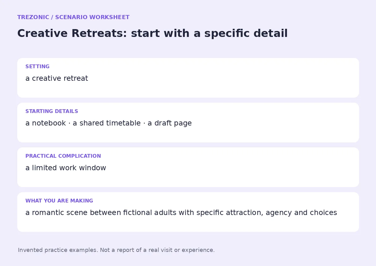 Practice worksheet for Creative Retreats: setting, starting details, complication and goal