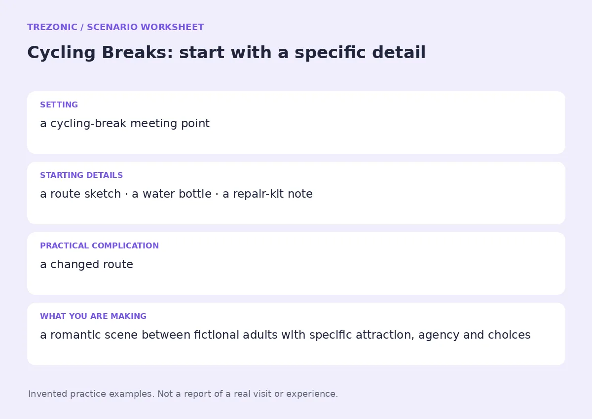 Practice worksheet for Cycling Breaks: setting, starting details, complication and goal