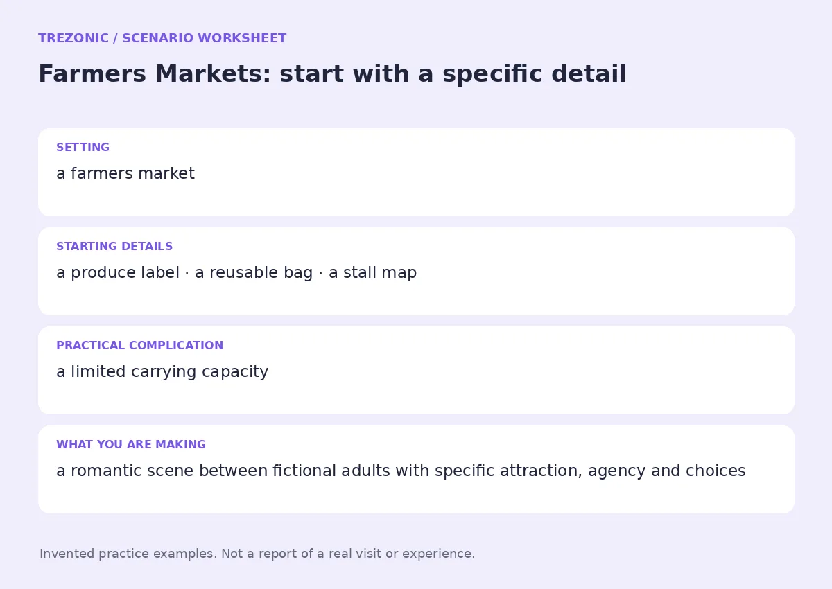 Practice worksheet for Farmers Markets: setting, starting details, complication and goal