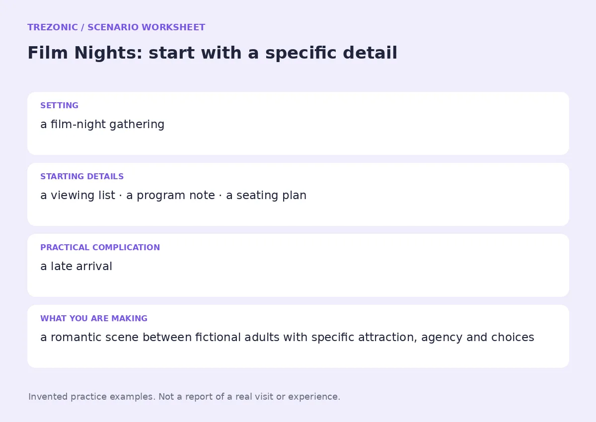 Practice worksheet for Film Nights: setting, starting details, complication and goal