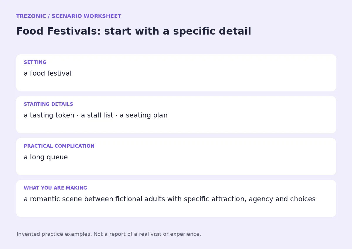 Practice worksheet for Food Festivals: setting, starting details, complication and goal