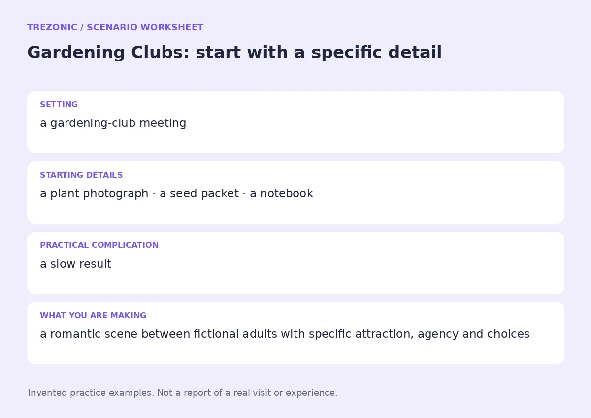 Practice worksheet for Gardening Clubs: setting, starting details, complication and goal