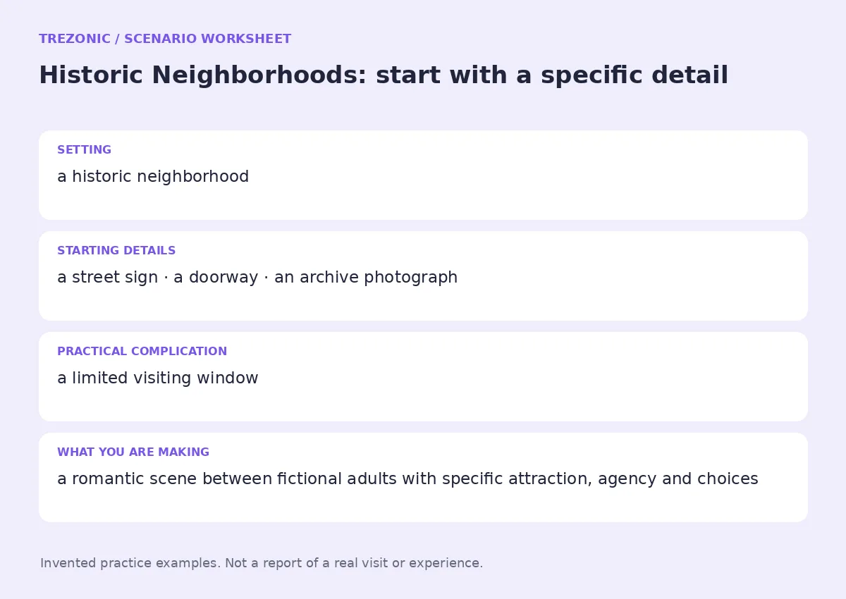 Practice worksheet for Historic Neighborhoods: setting, starting details, complication and goal