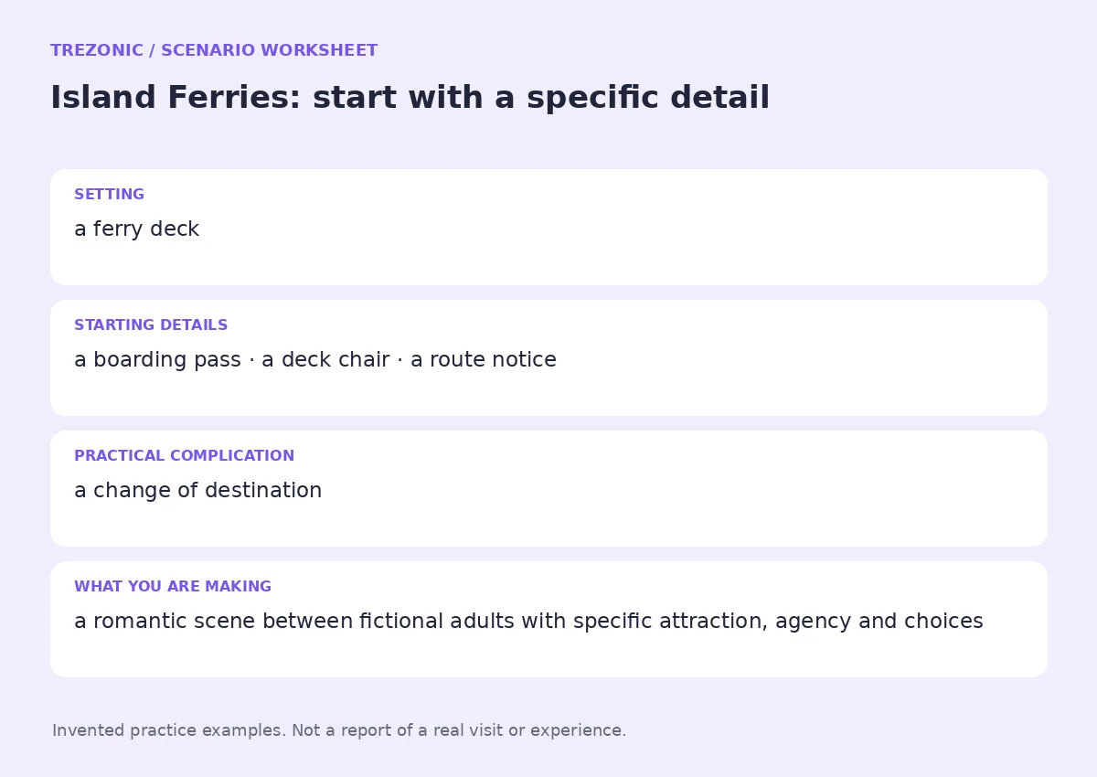 Practice worksheet for Island Ferries: setting, starting details, complication and goal
