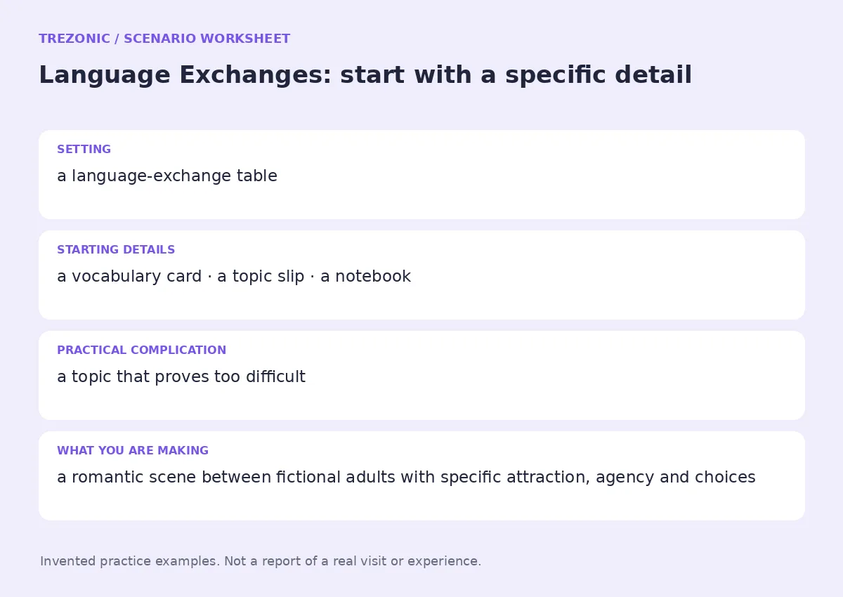 Practice worksheet for Language Exchanges: setting, starting details, complication and goal