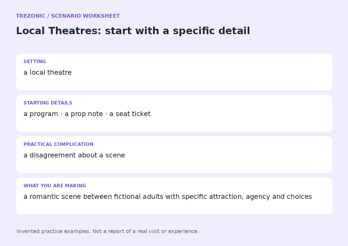 Practice worksheet for Local Theatres: setting, starting details, complication and goal