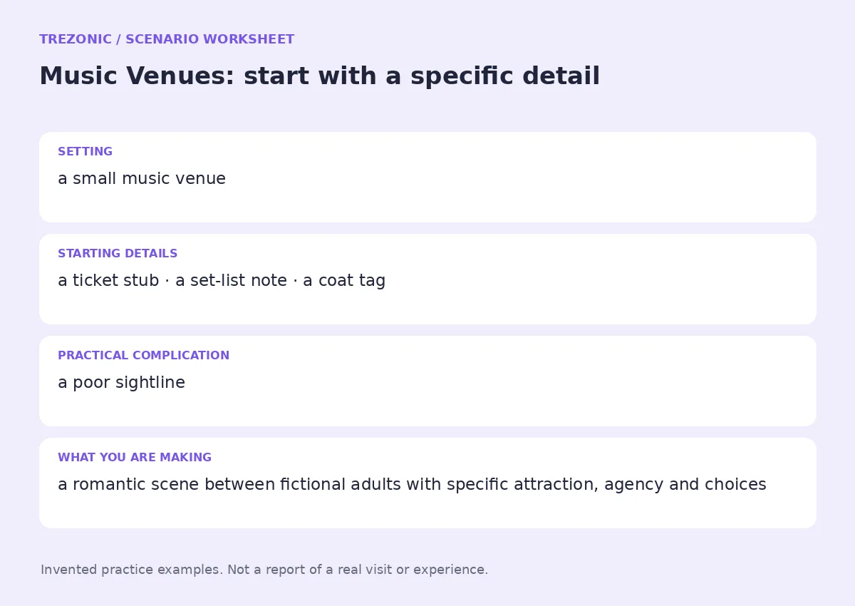 Practice worksheet for Music Venues: setting, starting details, complication and goal