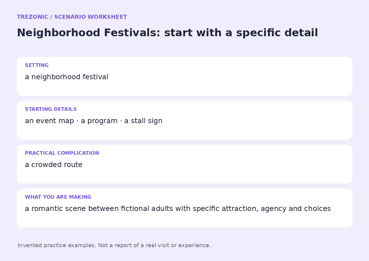 Practice worksheet for Neighborhood Festivals: setting, starting details, complication and goal