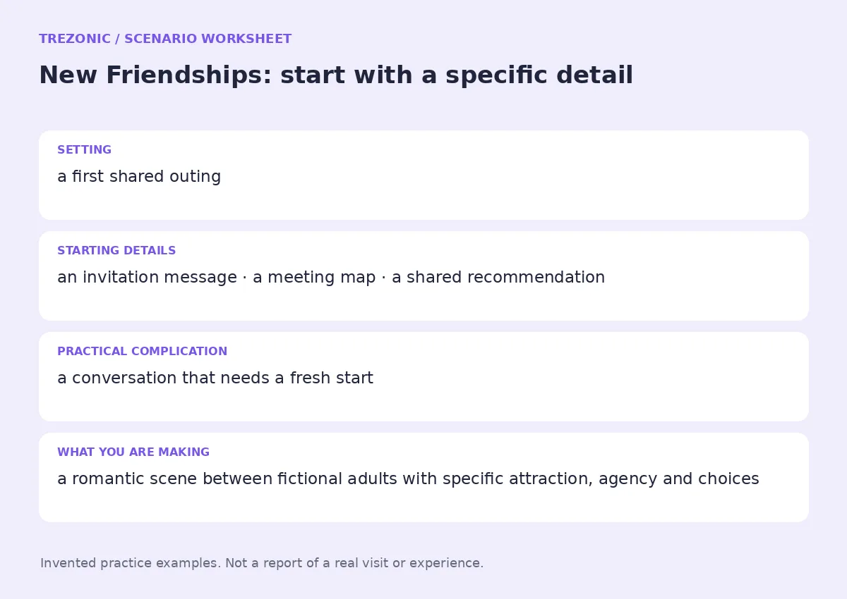 Practice worksheet for New Friendships: setting, starting details, complication and goal
