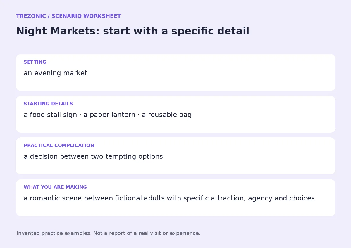 Practice worksheet for Night Markets: setting, starting details, complication and goal