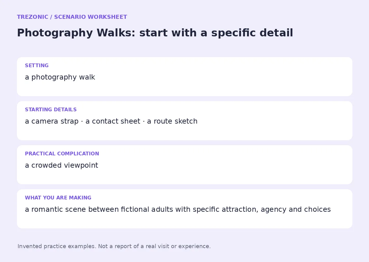 Practice worksheet for Photography Walks: setting, starting details, complication and goal