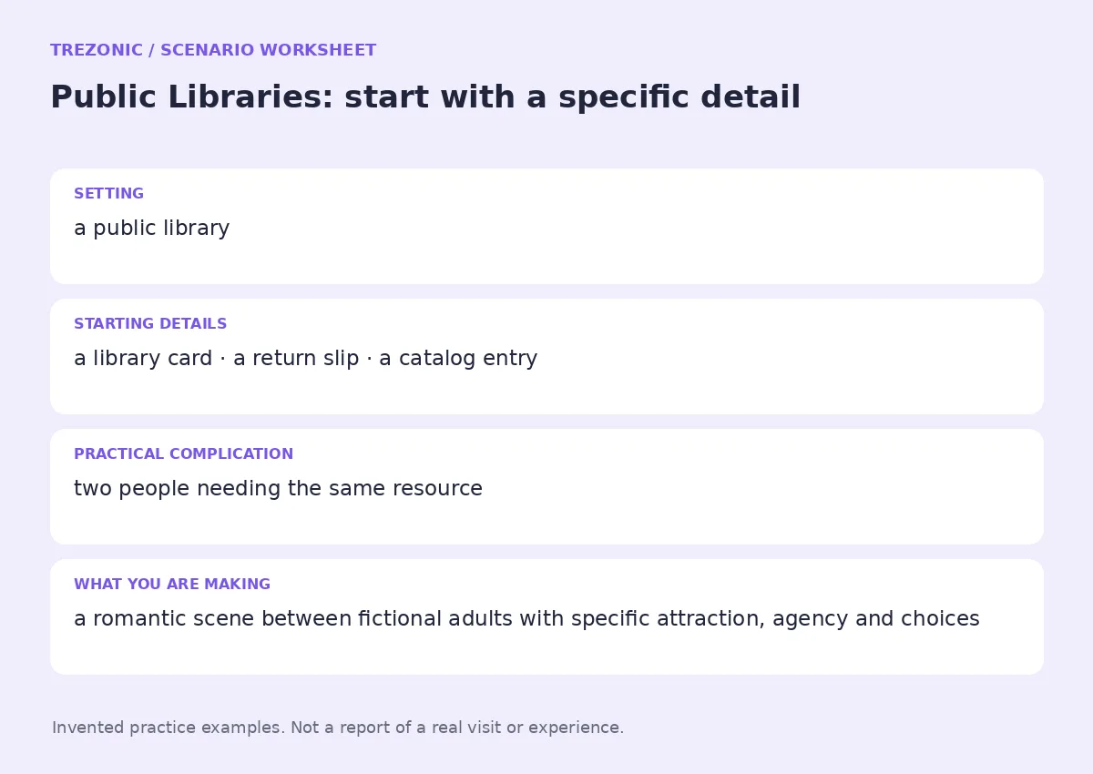 Practice worksheet for Public Libraries: setting, starting details, complication and goal