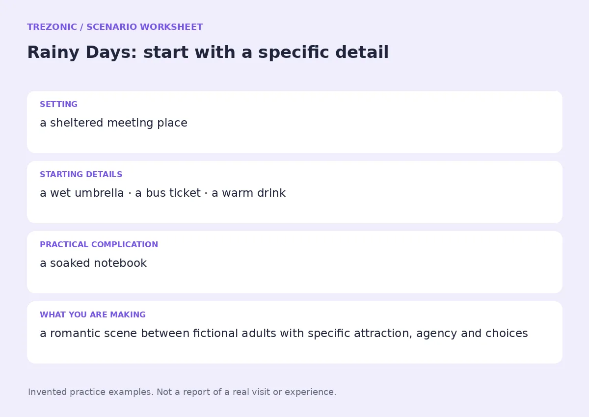 Practice worksheet for Rainy Days: setting, starting details, complication and goal