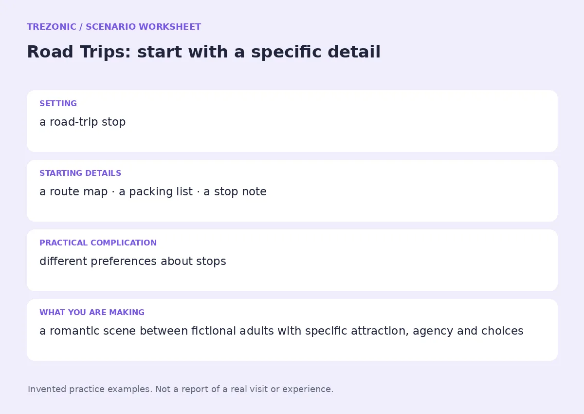 Practice worksheet for Road Trips: setting, starting details, complication and goal