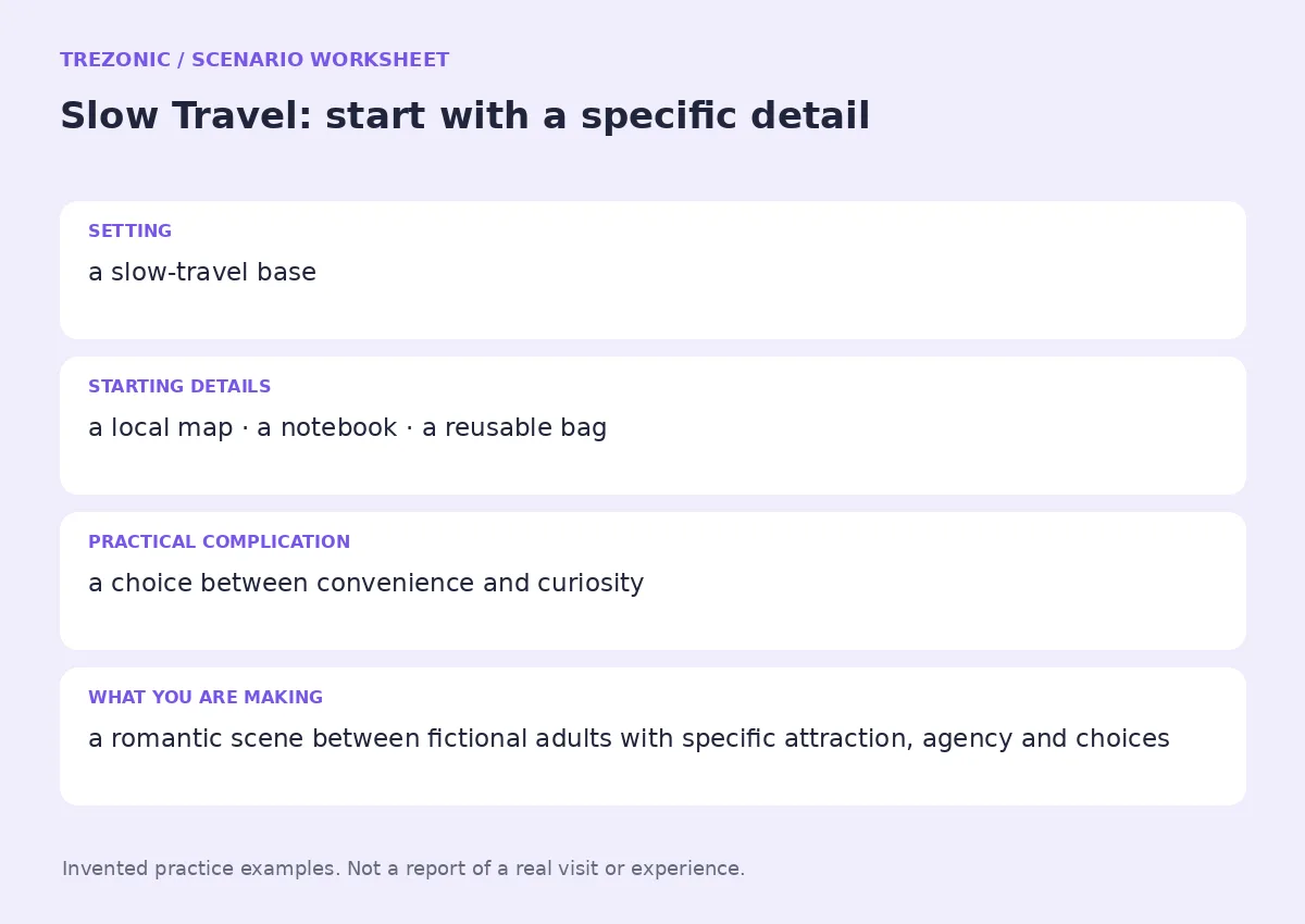 Practice worksheet for Slow Travel: setting, starting details, complication and goal