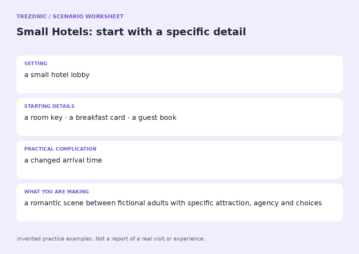 Practice worksheet for Small Hotels: setting, starting details, complication and goal