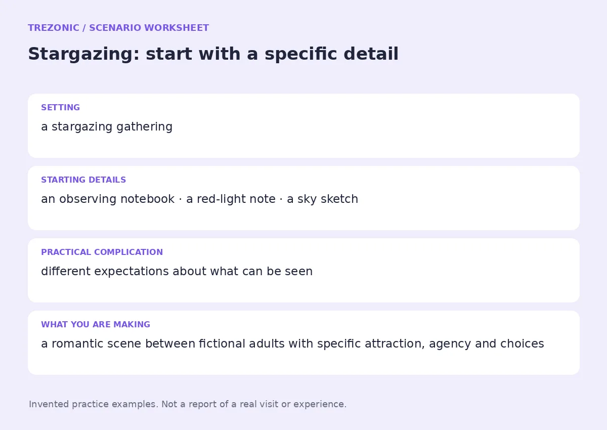 Practice worksheet for Stargazing: setting, starting details, complication and goal