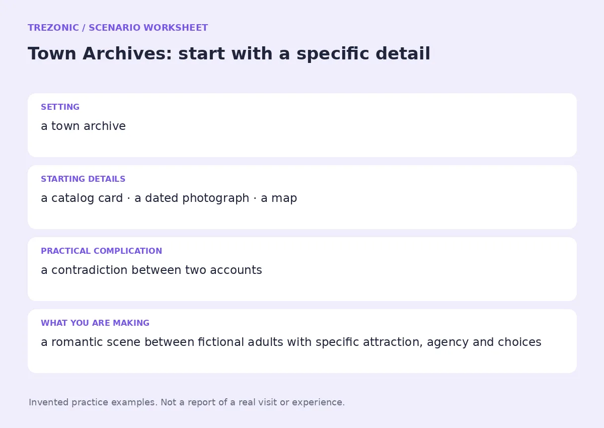 Practice worksheet for Town Archives: setting, starting details, complication and goal