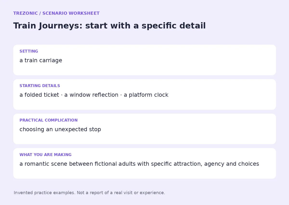 Practice worksheet for Train Journeys: setting, starting details, complication and goal