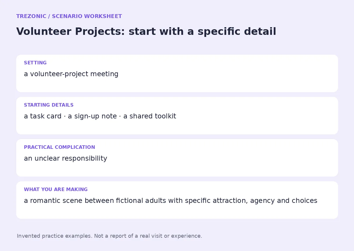 Practice worksheet for Volunteer Projects: setting, starting details, complication and goal