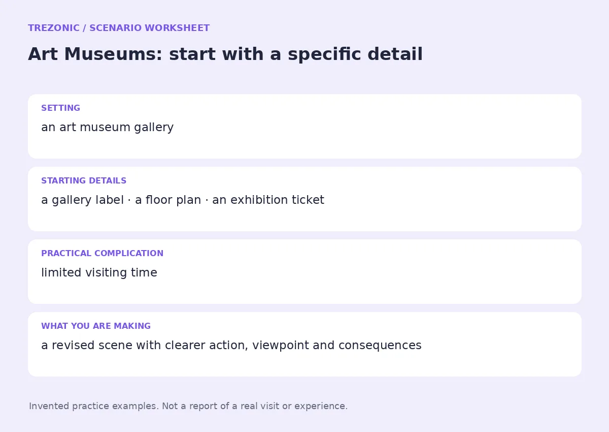 Practice worksheet for Art Museums: setting, starting details, complication and goal