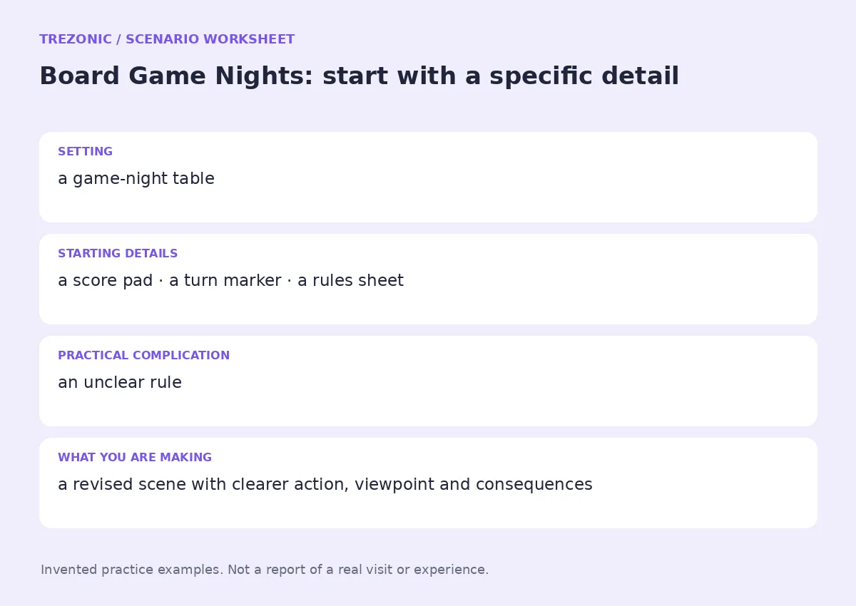 Practice worksheet for Board Game Nights: setting, starting details, complication and goal