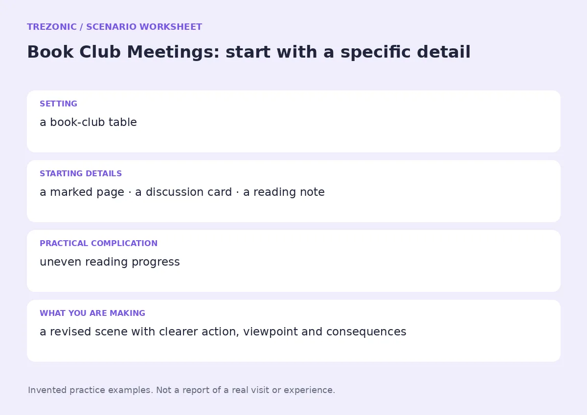 Practice worksheet for Book Club Meetings: setting, starting details, complication and goal