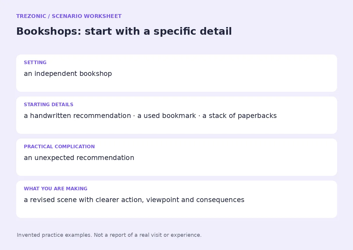 Practice worksheet for Bookshops: setting, starting details, complication and goal