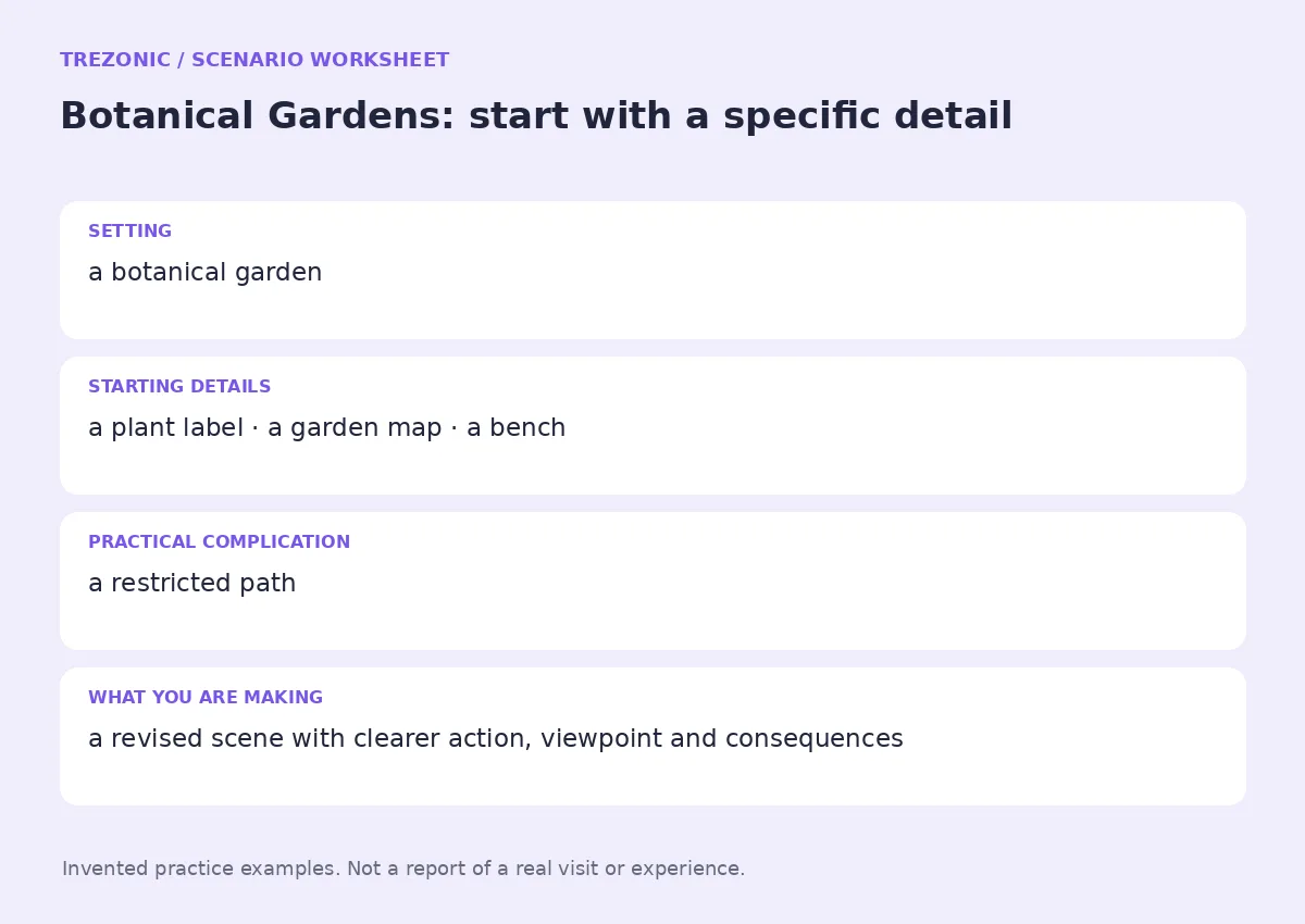 Practice worksheet for Botanical Gardens: setting, starting details, complication and goal