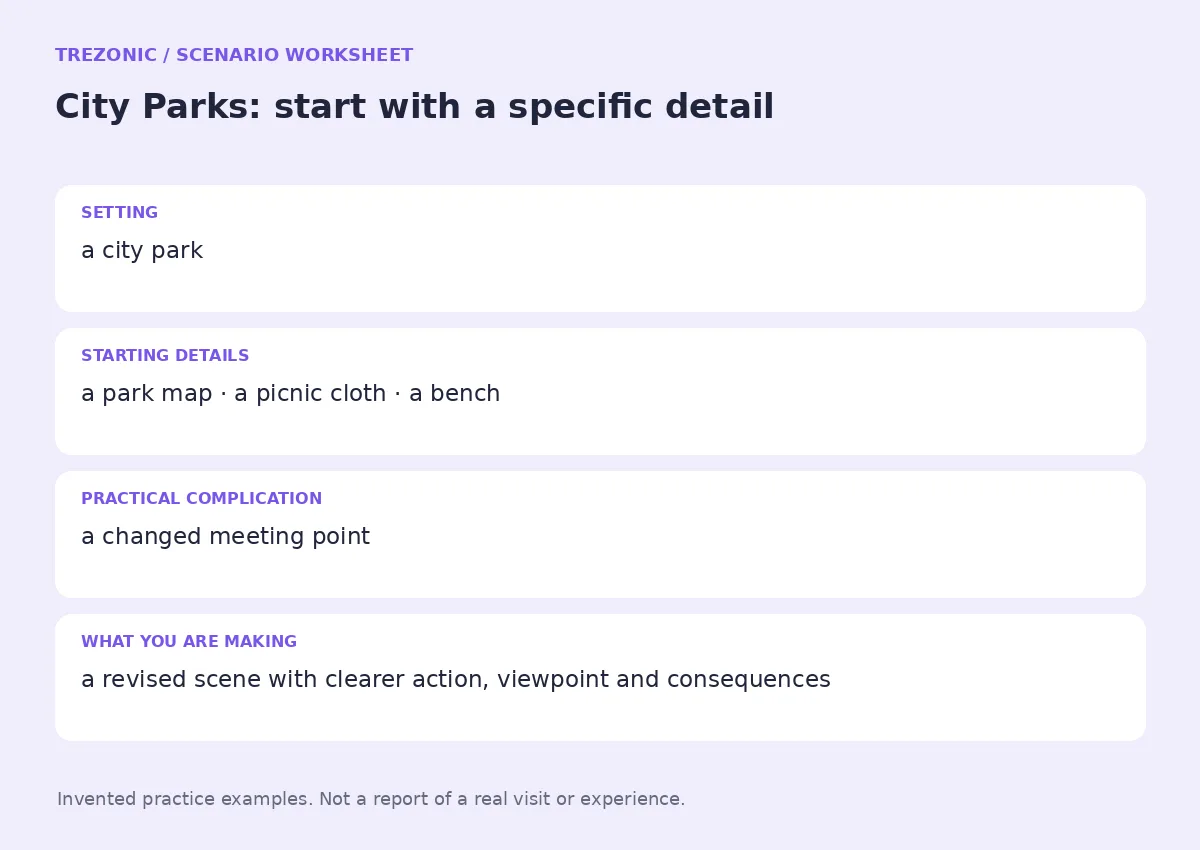 Practice worksheet for City Parks: setting, starting details, complication and goal