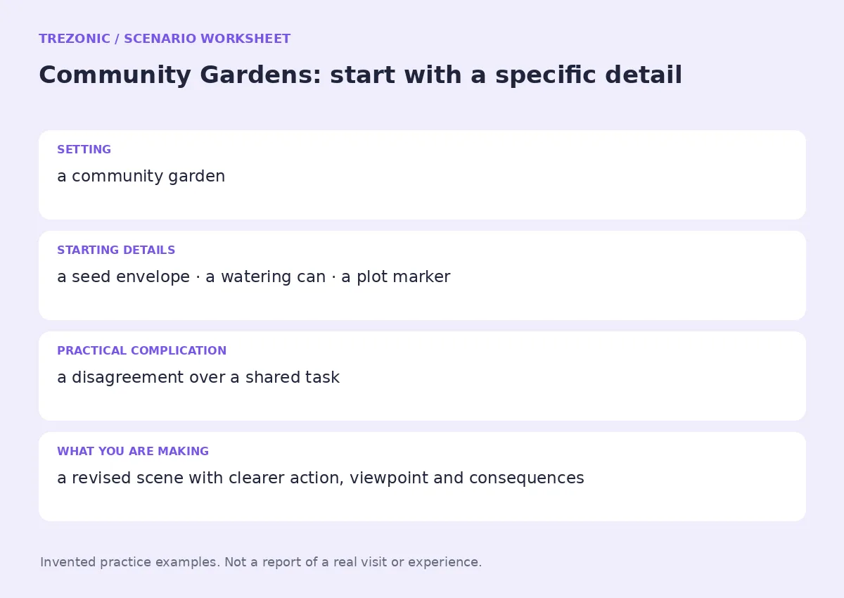 Practice worksheet for Community Gardens: setting, starting details, complication and goal