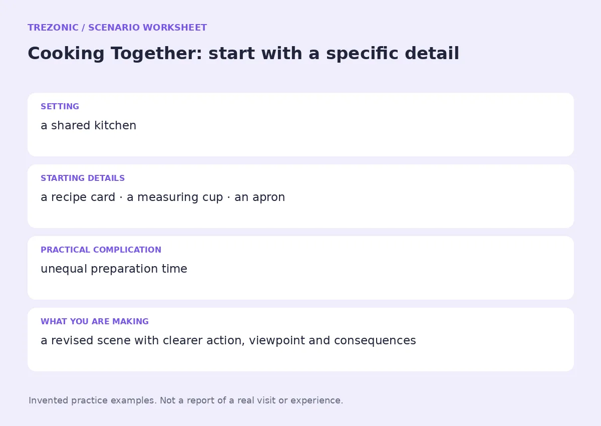 Practice worksheet for Cooking Together: setting, starting details, complication and goal