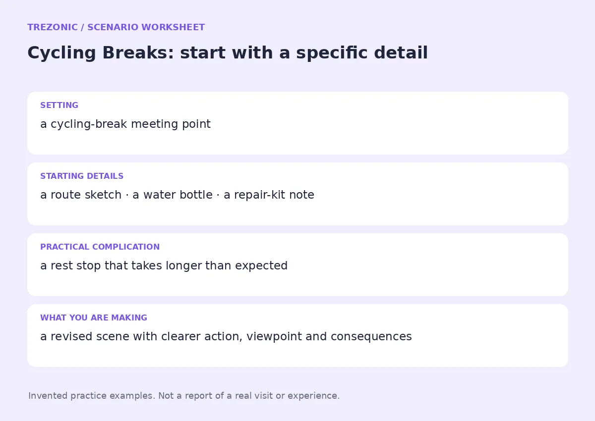 Practice worksheet for Cycling Breaks: setting, starting details, complication and goal