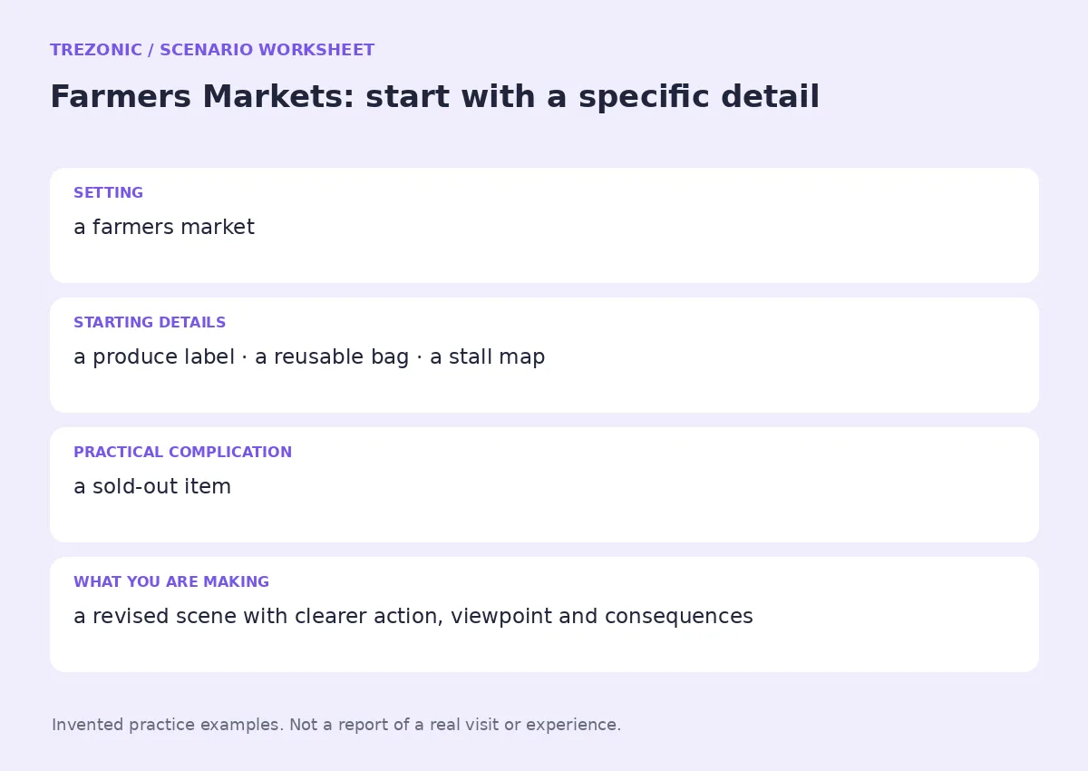 Practice worksheet for Farmers Markets: setting, starting details, complication and goal