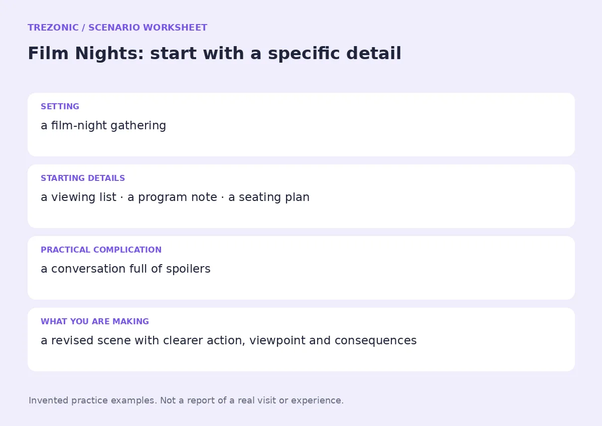 Practice worksheet for Film Nights: setting, starting details, complication and goal