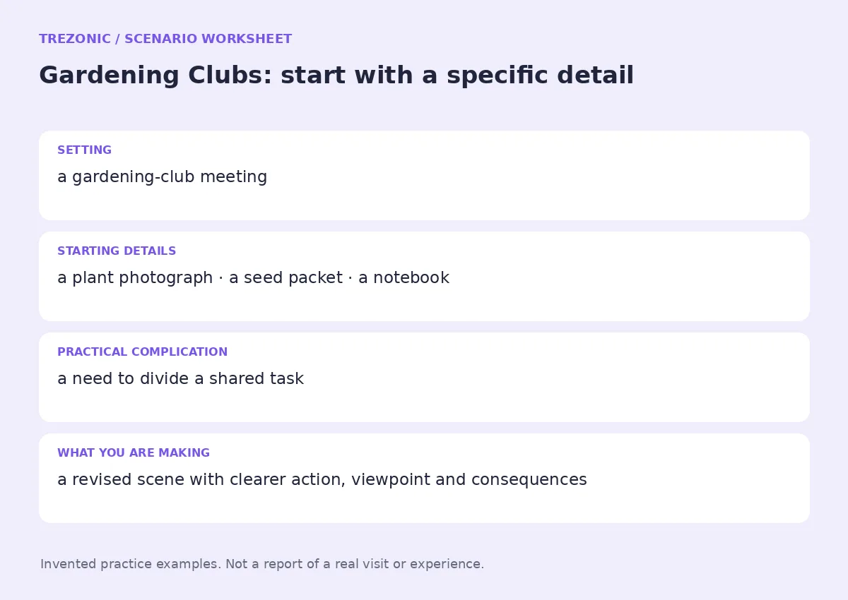 Practice worksheet for Gardening Clubs: setting, starting details, complication and goal