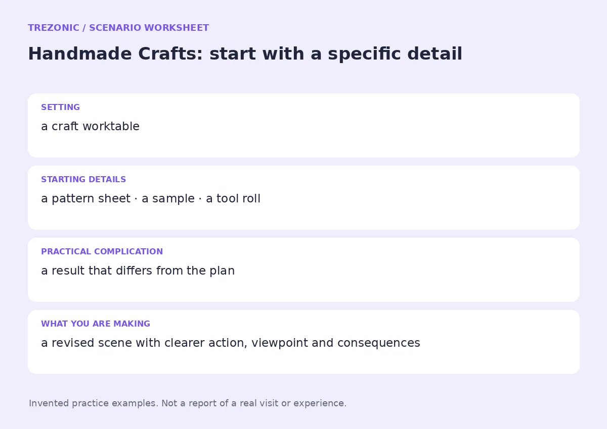 Practice worksheet for Handmade Crafts: setting, starting details, complication and goal