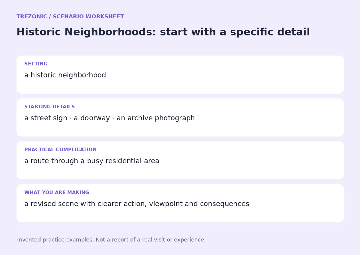 Practice worksheet for Historic Neighborhoods: setting, starting details, complication and goal